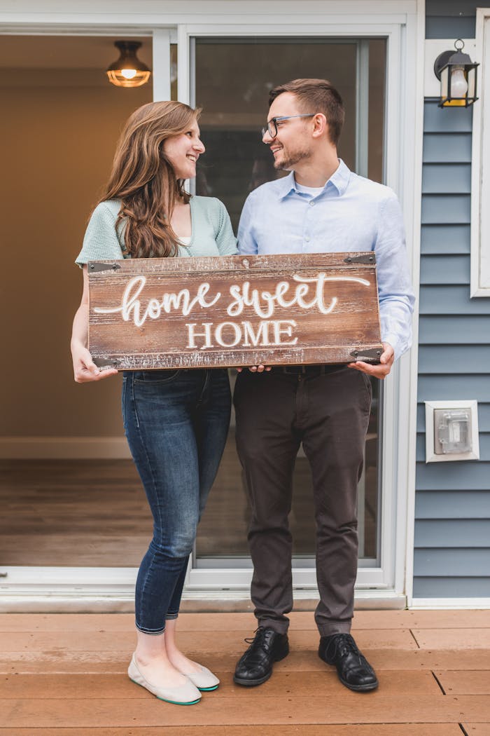 Young couple standing outside new home, holding home sweet home sign, joyful and smiling.